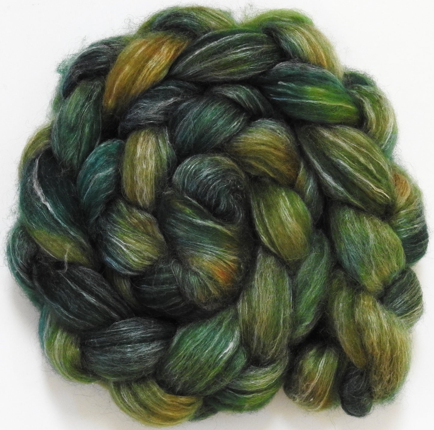 Broccoli (4.6 oz) Batt in a Braid #57- Camel/Baby Alpaca/Mint fiber  (50/25/25)
