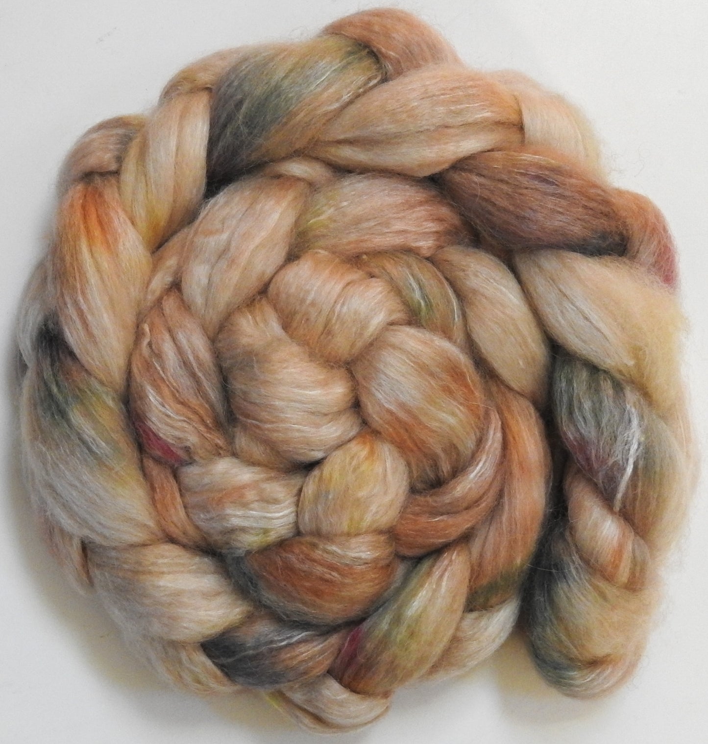 Meringue (5.6 oz) - Batt in a Braid #57- Camel/Baby Alpaca/Mint fiber (50/25/25)