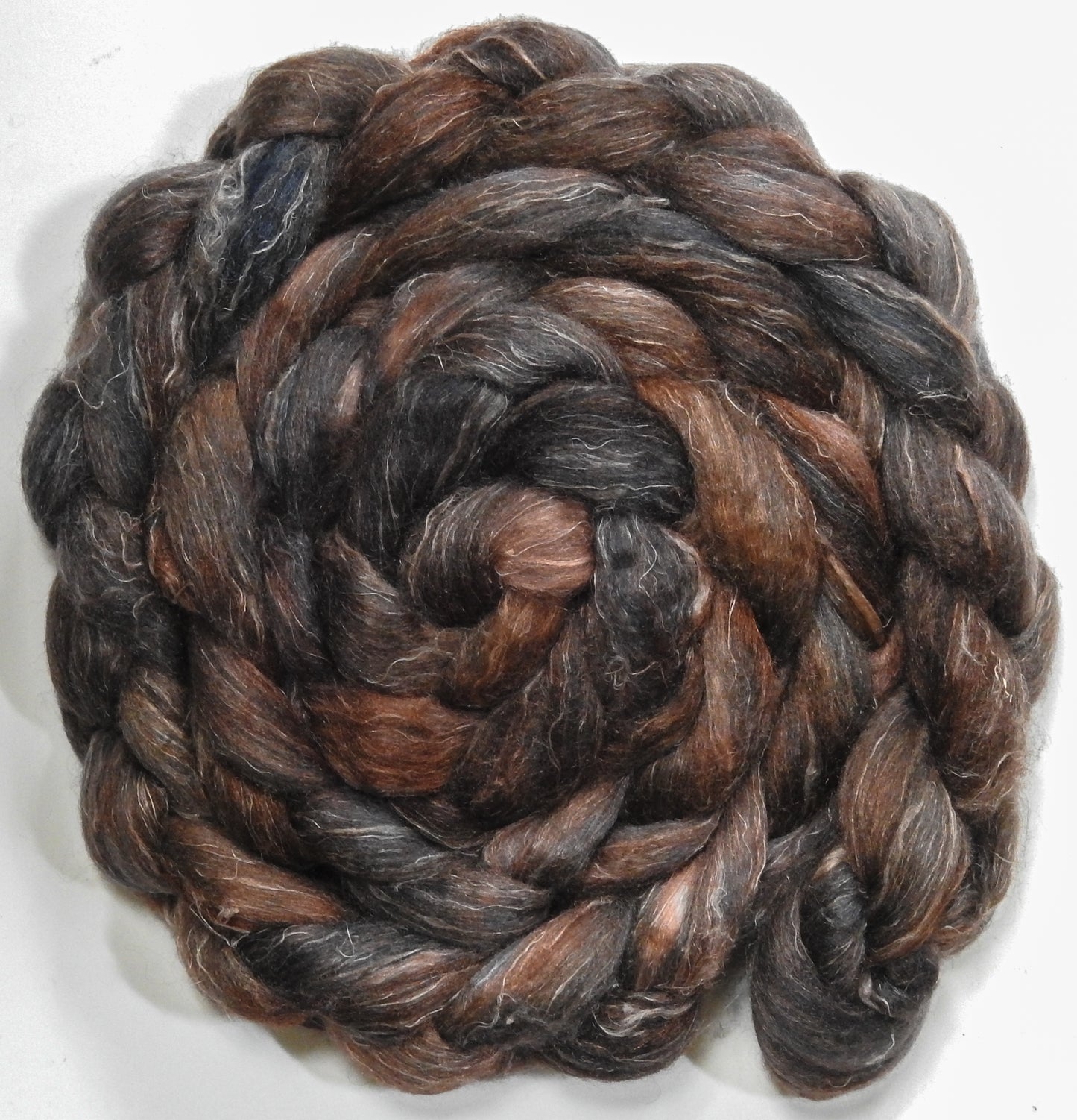 Soot (5.8 oz) - Batt in a Braid #3 - Polwarth/ Tussah Silk/ Flax (50/25/25)