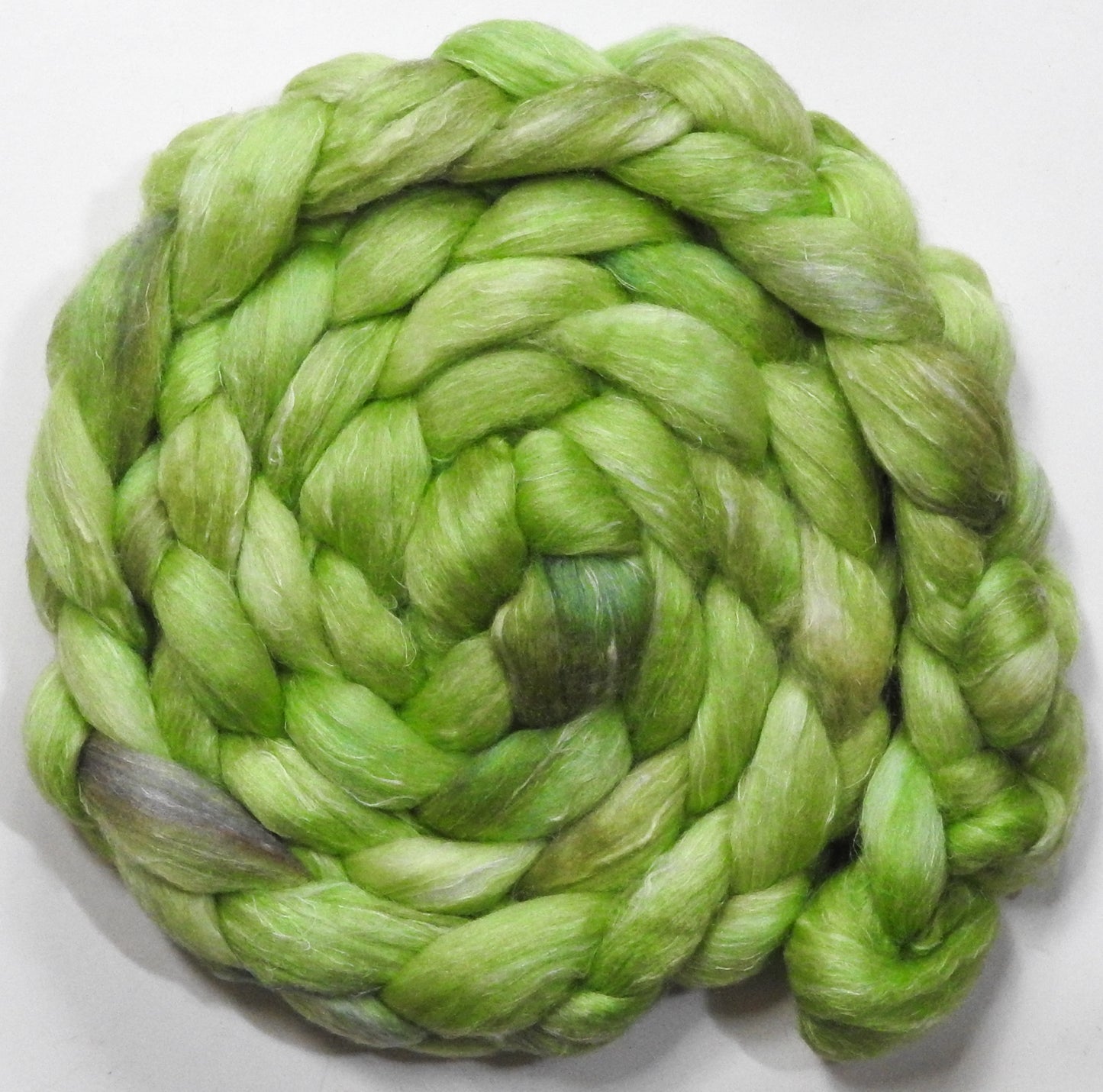 Cucumber (5.6 oz) - Batt in a Braid #3 - Polwarth/ Tussah Silk/ Flax (50/25/25)