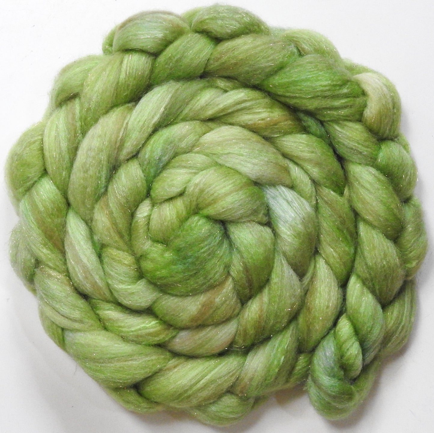 Cucumber (5.6 oz) - Batt in a Braid #67 - Polwarth/Baby Camel/Tussah Silk/Gold Stellina (40/25/25/10)