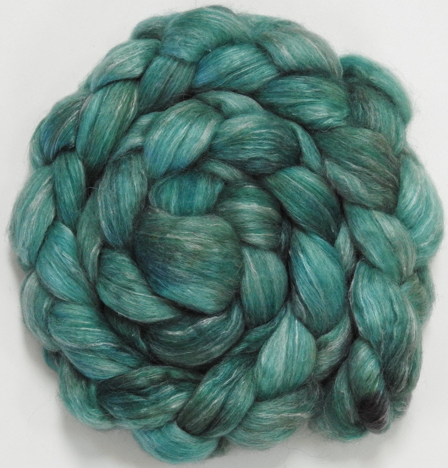 Faience (5.5 oz) - Batt in a Braid #57- Camel/Baby Alpaca/Mint fiber (50/25/25)