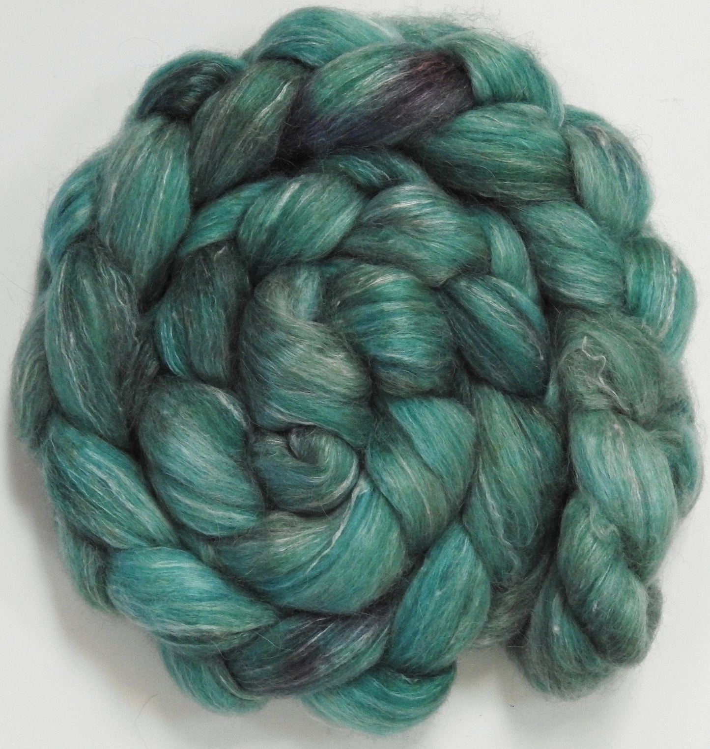 Faience (5.5 oz) - Batt in a Braid #57- Camel/Baby Alpaca/Mint fiber (50/25/25)