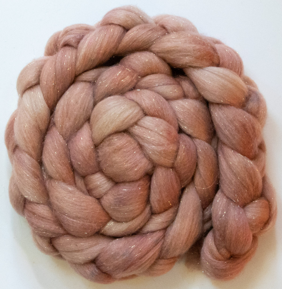 Shy (5.6 oz) - Batt in a Braid #67 - Polwarth/Baby Camel/Tussah Silk/Gold Stellina (40/25/25/10)