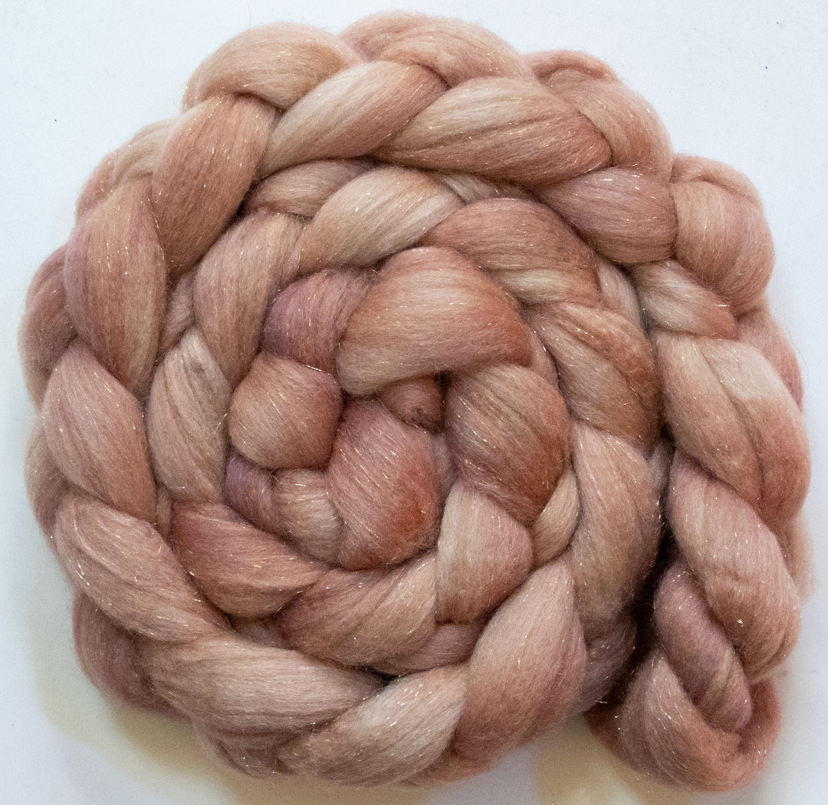 Shy (5.6 oz) - Batt in a Braid #67 - Polwarth/Baby Camel/Tussah Silk/Gold Stellina (40/25/25/10)