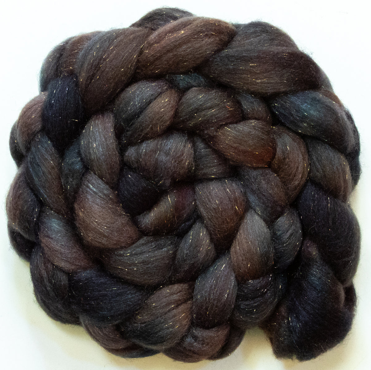 Espresso (5.7 oz) - Batt in a Braid #67 - Polwarth/Baby Camel/Tussah Silk/Gold Stellina (40/25/25/10)