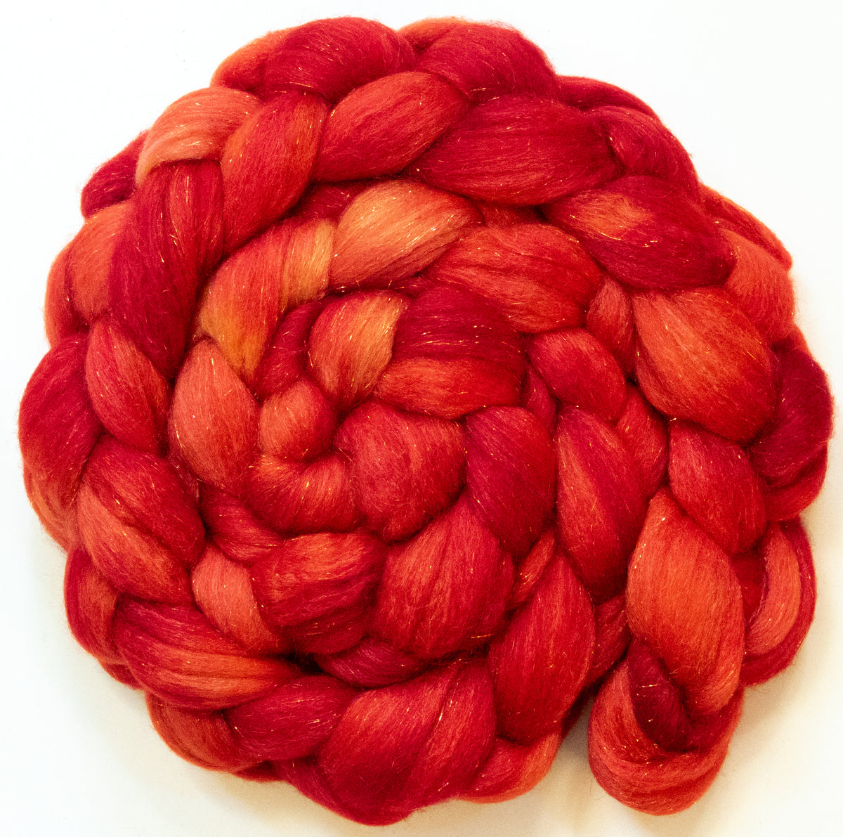 Tomato (5.8 oz) - Batt in a Braid #67 - Polwarth/Baby Camel/Tussah Silk/Gold Stellina (40/25/25/10)