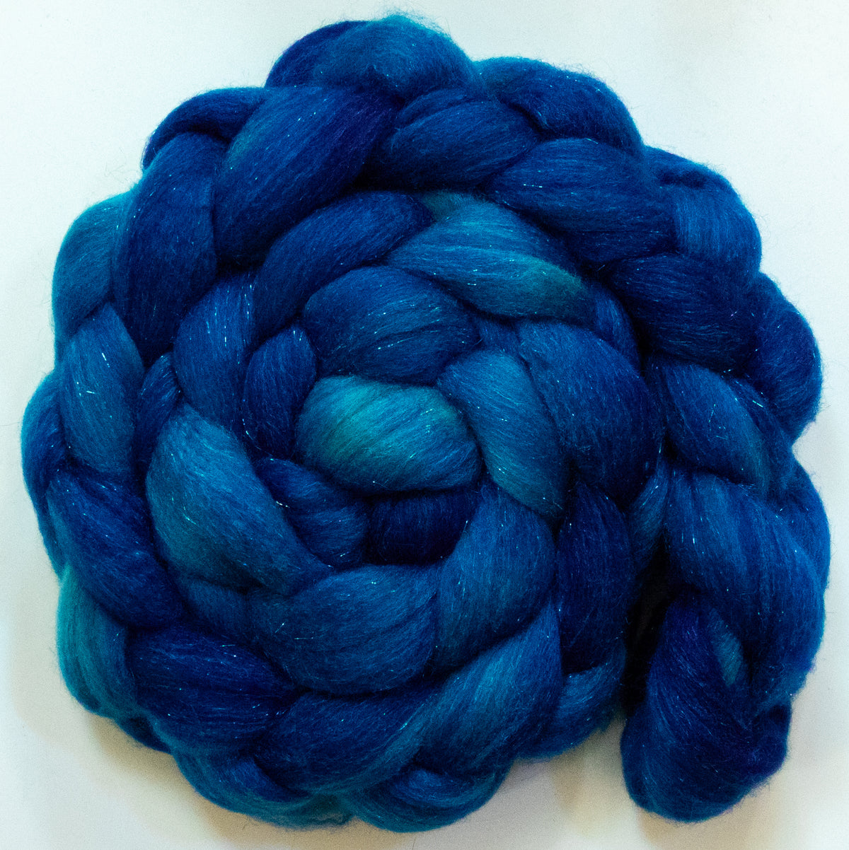 Sapphire (5.8 oz) - Batt in a Braid #67 - Polwarth/Baby Camel/Tussah Silk/Gold Stellina (40/25/25/10)