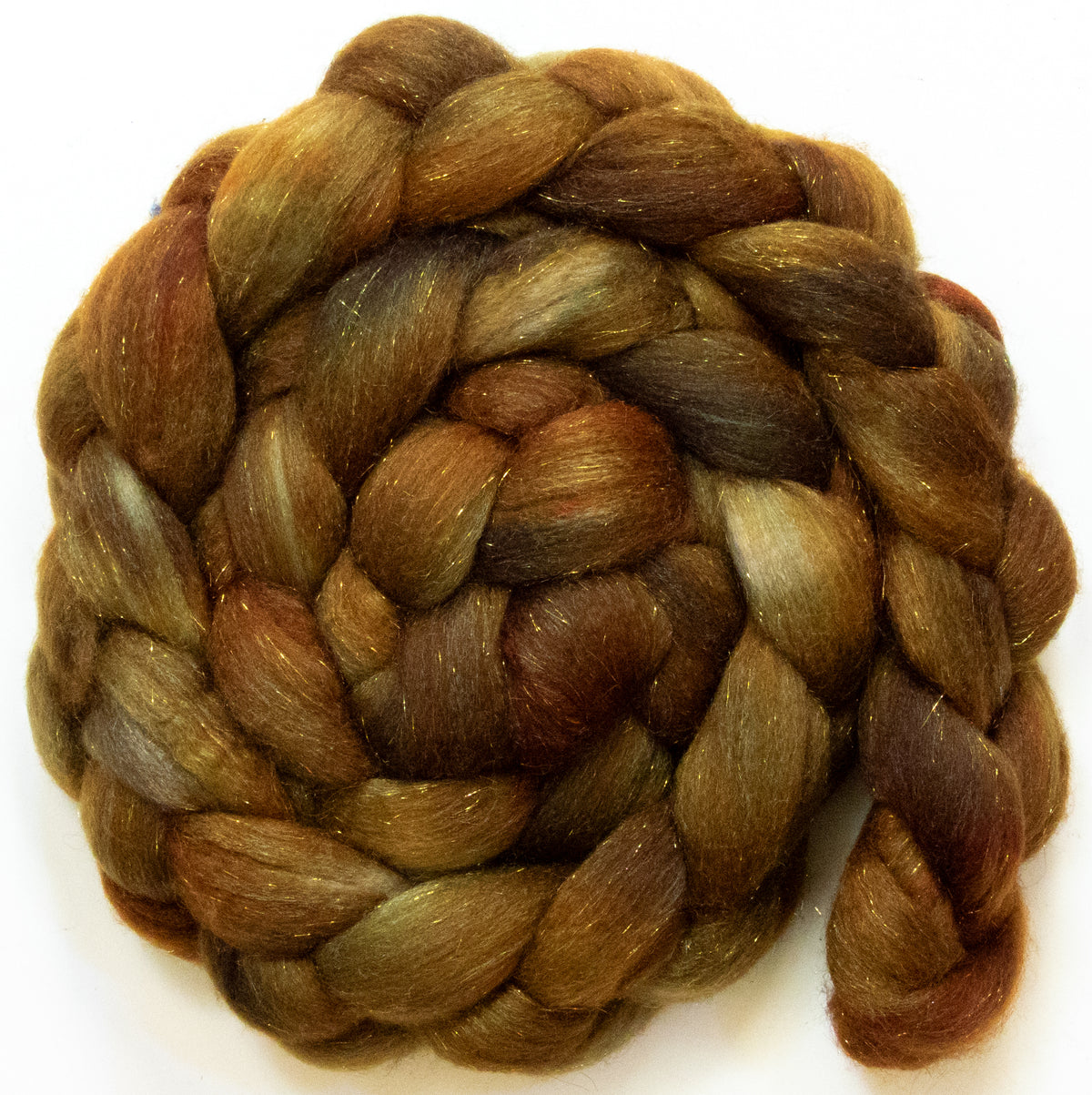 Bronze (5.7 oz) - Batt in a Braid #67 - Polwarth/Baby Camel/Tussah Silk/Gold Stellina (40/25/25/10)