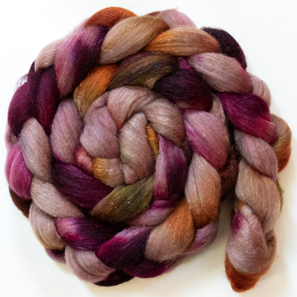 Home Sweet Home (5.8 oz) - Batt in a Braid #67 - Polwarth/Baby Camel/Tussah Silk/Gold Stellina (40/25/25/10)