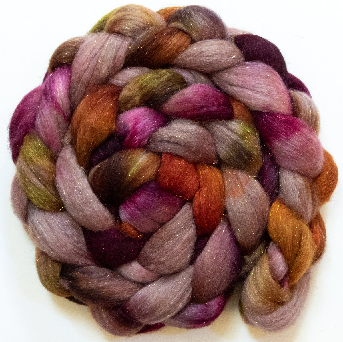 Home Sweet Home (5.8 oz) - Batt in a Braid #67 - Polwarth/Baby Camel/Tussah Silk/Gold Stellina (40/25/25/10)