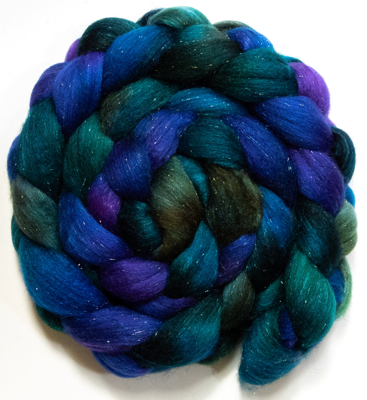 Peacock Ore (5.7 oz) - Batt in a Braid #67 - Polwarth/Baby Camel/Tussah Silk/Gold Stellina (40/25/25/10)