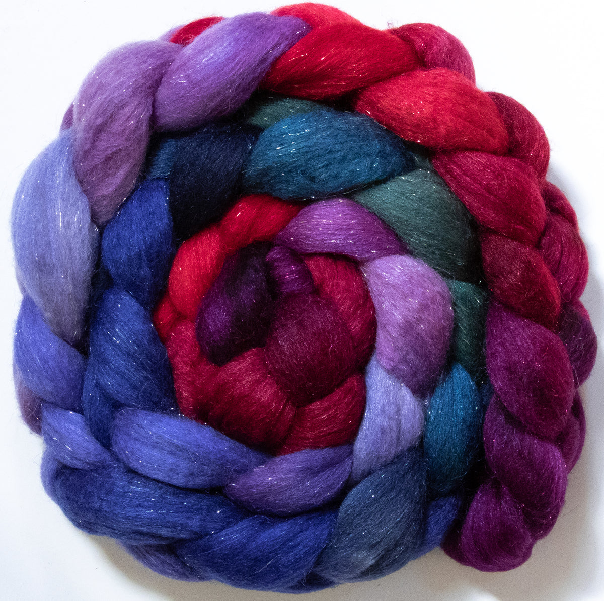 Wine Tasting (5.6 oz) - Batt in a Braid #67 - Polwarth/Baby Camel/Tussah Silk/Gold Stellina (40/25/25/10)