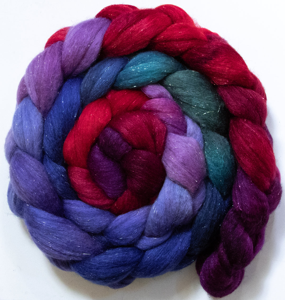 Wine Tasting (5.6 oz) - Batt in a Braid #67 - Polwarth/Baby Camel/Tussah Silk/Gold Stellina (40/25/25/10)