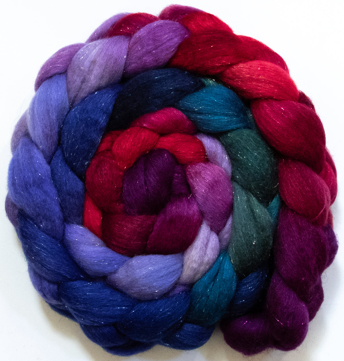 Wine Tasting (5.6 oz) - Batt in a Braid #67 - Polwarth/Baby Camel/Tussah Silk/Gold Stellina (40/25/25/10)