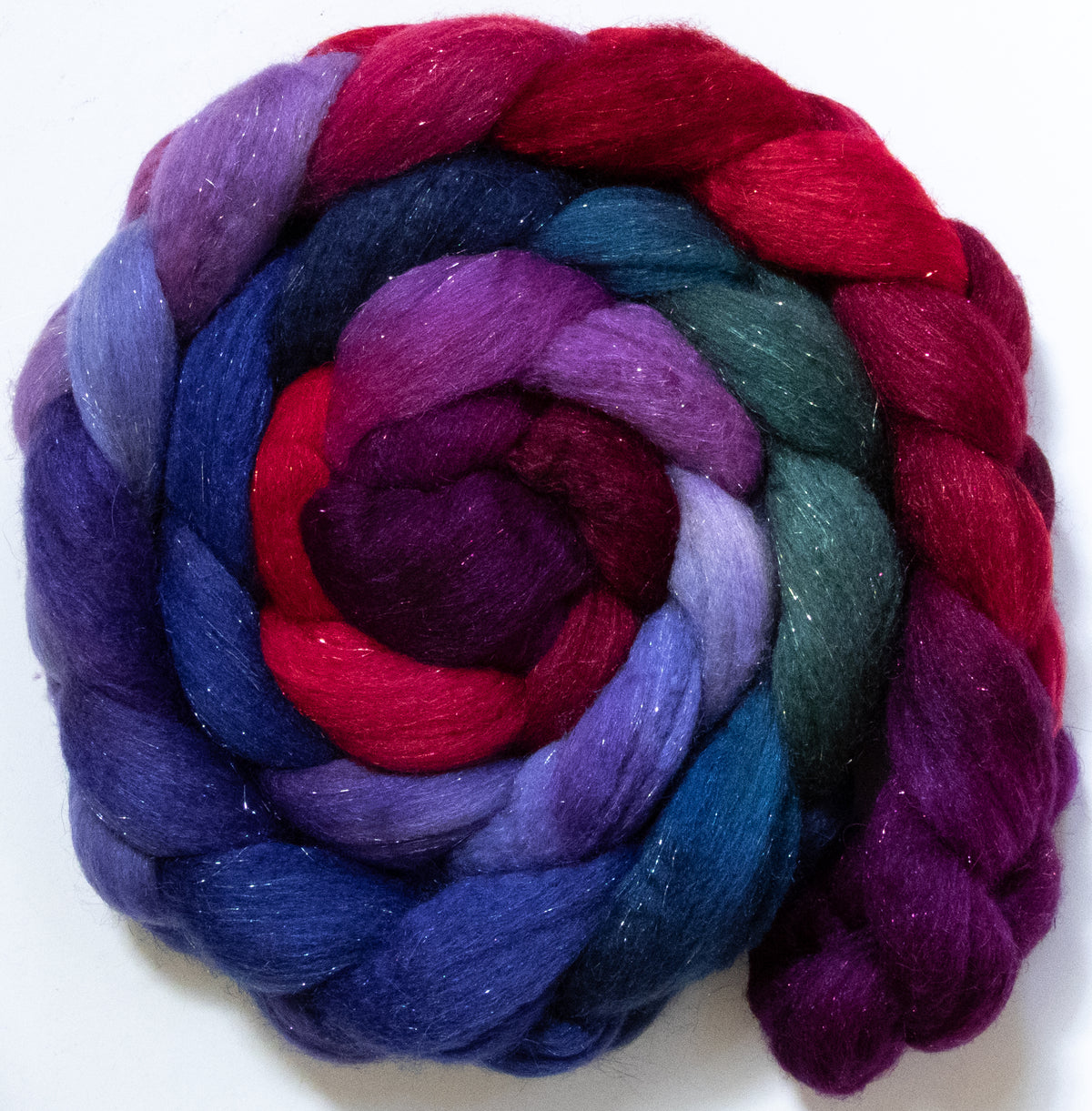 Wine Tasting (5.6 oz) - Batt in a Braid #67 - Polwarth/Baby Camel/Tussah Silk/Gold Stellina (40/25/25/10)