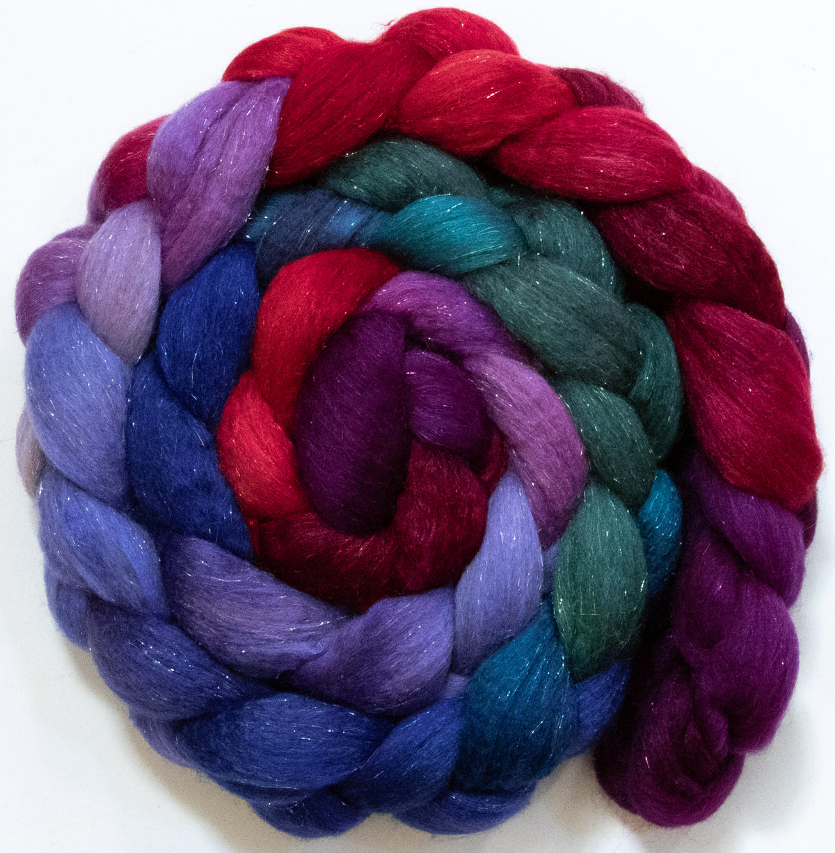 Wine Tasting (5.6 oz) - Batt in a Braid #67 - Polwarth/Baby Camel/Tussah Silk/Gold Stellina (40/25/25/10)