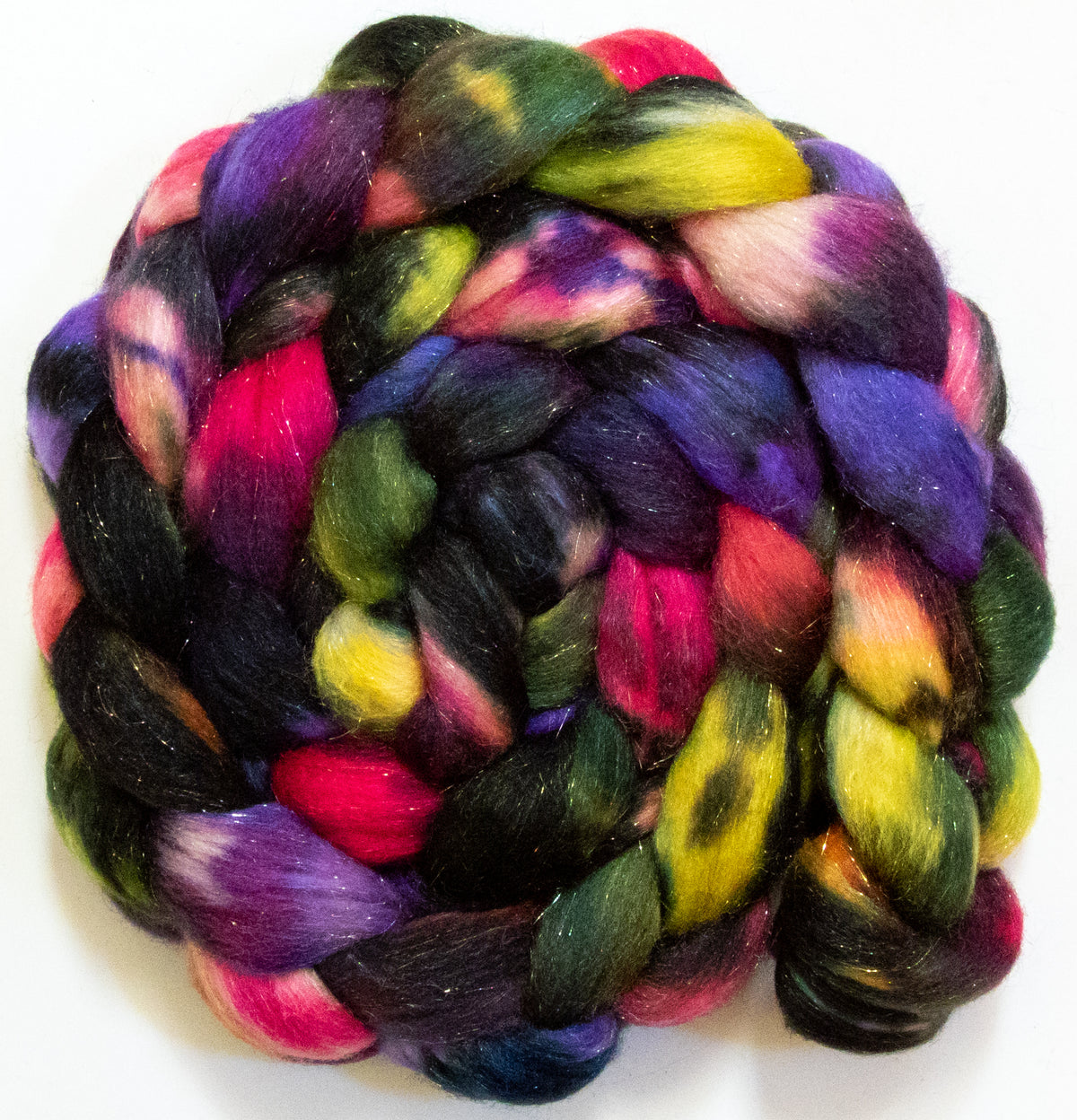 Stained Glass (5.7 oz) - Batt in a Braid #67 - Polwarth/Baby Camel/Tussah Silk/Gold Stellina (40/25/25/10)