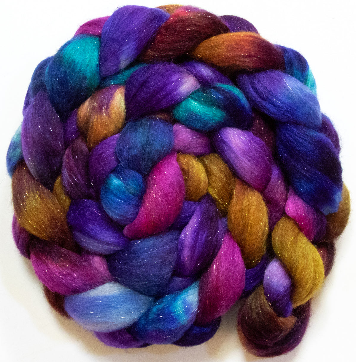 Galileo (5.6 oz) - Batt in a Braid #67 - Polwarth/Baby Camel/Tussah Silk/Gold Stellina (40/25/25/10)