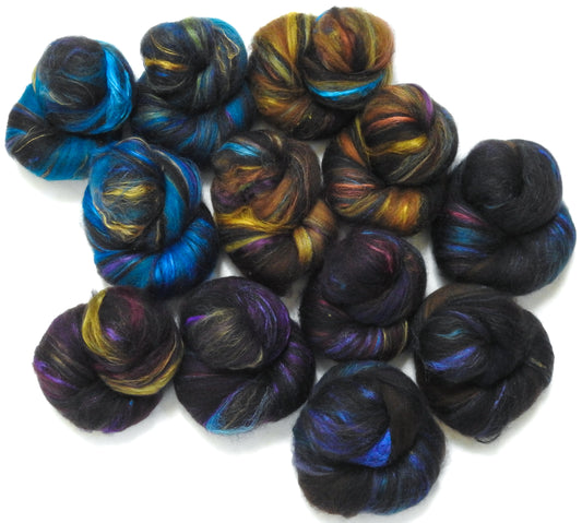 Grackle (4 oz) - NON-Sparkle Sticklebatts - Natural Black Haunui fleece, Haunui top, merino, silk, bamboo, silk noil