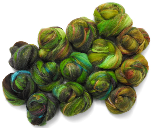 Fiddleheads - NON-Sparkle Sticklebatts - Romney fleece, Haunui top, CAMEL, merino, silk, FLAX, sari silk