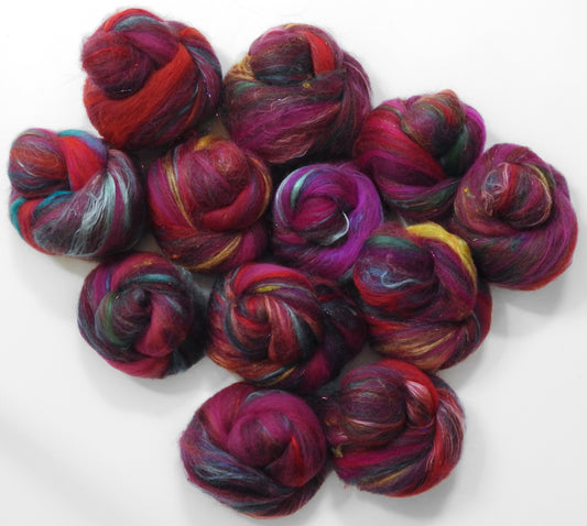 Pomegranate- Sparkle Sticklebatts - CVMXRambouillet fleece, CAMEL, merino, alpaca, mohair, silk, silk noil, angelina