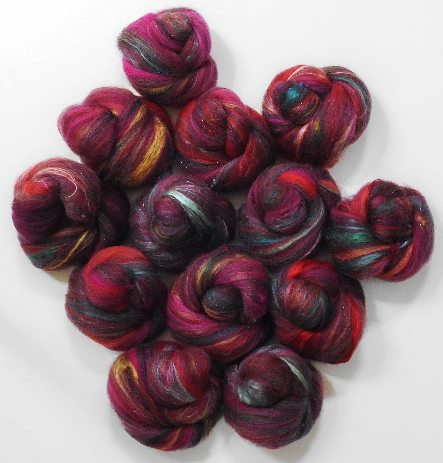 Pomegranate- Sparkle Sticklebatts - CVMXRambouillet fleece, CAMEL, merino, alpaca, mohair, silk, silk noil, angelina