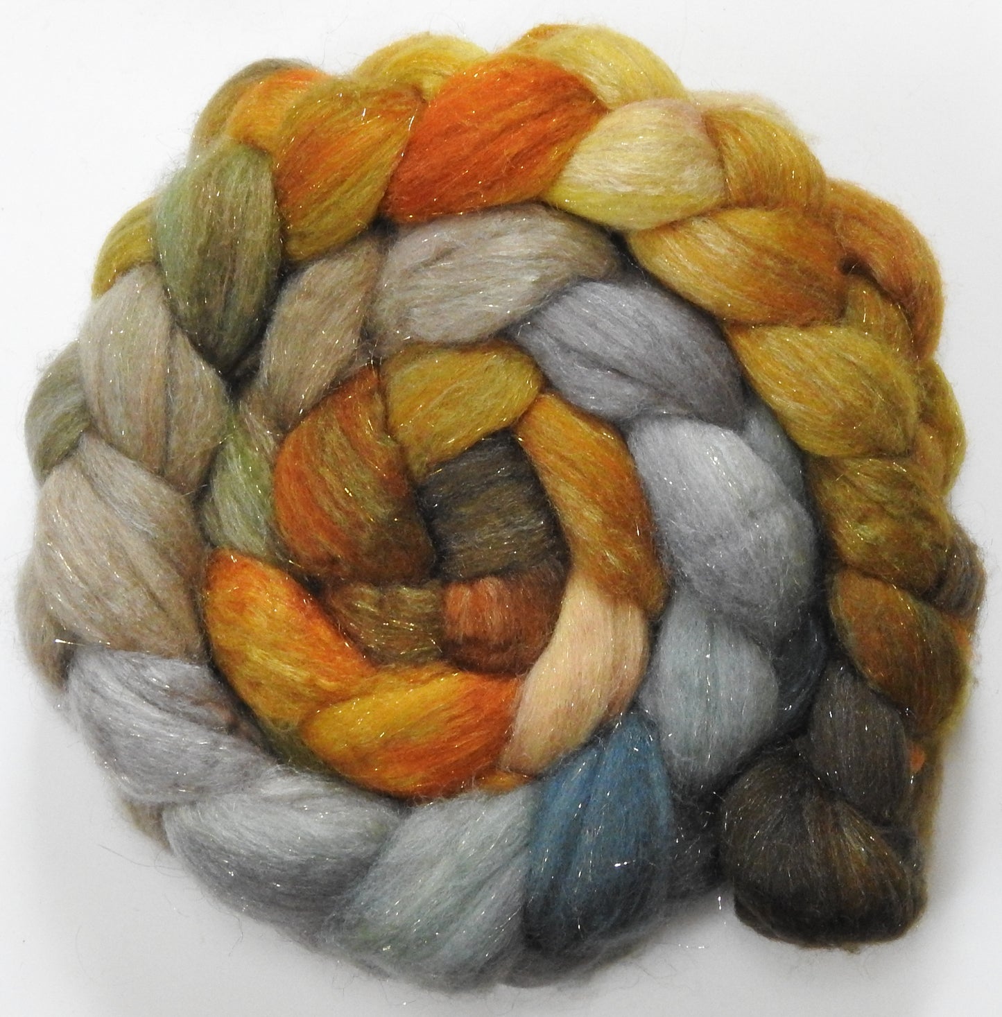 Tarnished (5.6 oz) - Batt in a Braid #67 - Polwarth/Baby Camel/Tussah Silk/ Gold Stellina (40/25/25/10)