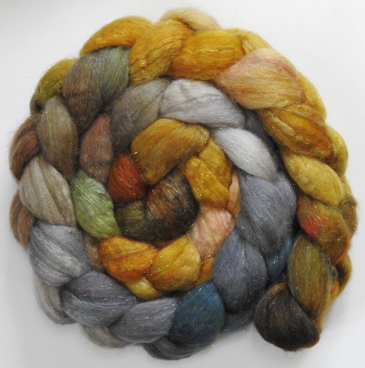 Tarnished (5.6 oz) - Batt in a Braid #67 - Polwarth/Baby Camel/Tussah Silk/ Gold Stellina (40/25/25/10)