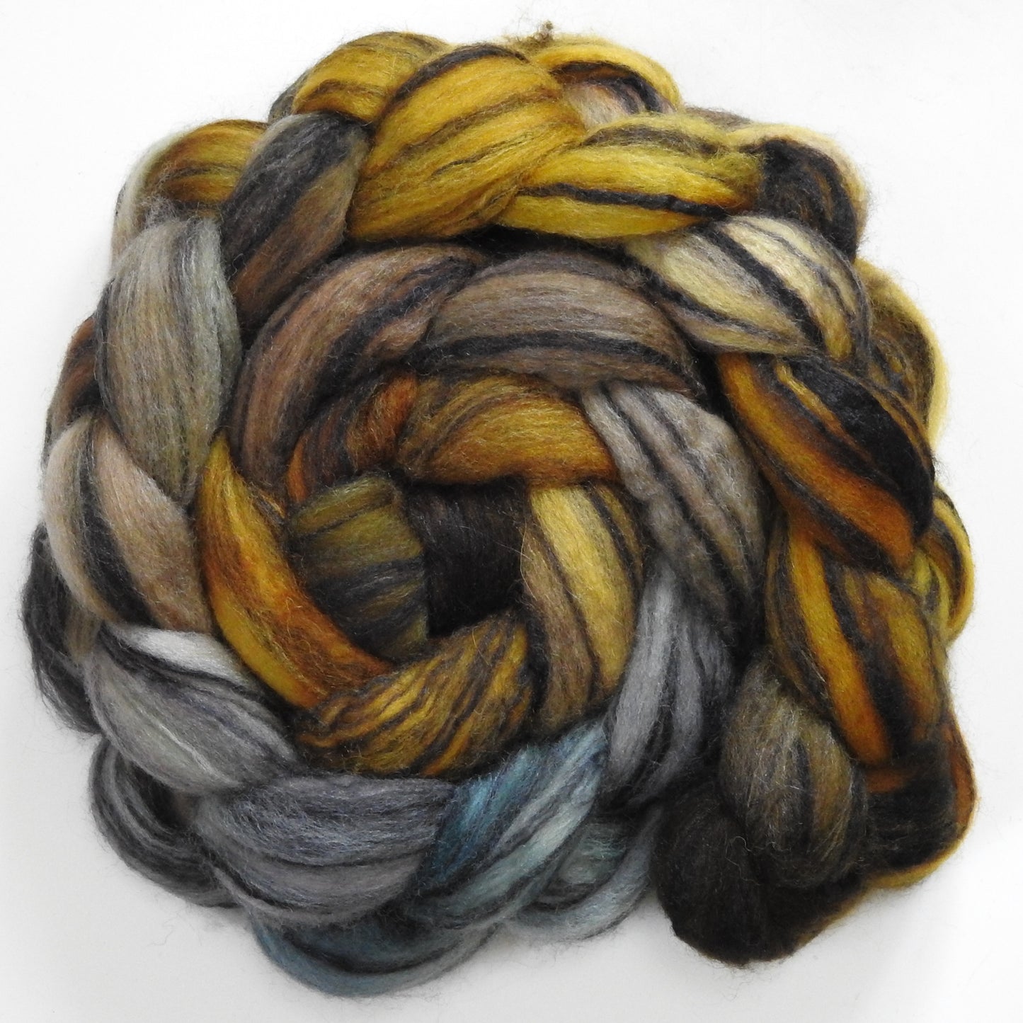Tarnished (5.5 oz) - Batt in a Braid #68 - Lt. Grey Shetland/ Falkland Merino / Black tussah silk (45/30/25)