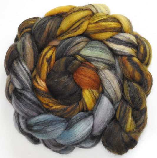Tarnished (5.5 oz) - Batt in a Braid #68 - Lt. Grey Shetland/ Falkland Merino / Black tussah silk (45/30/25)