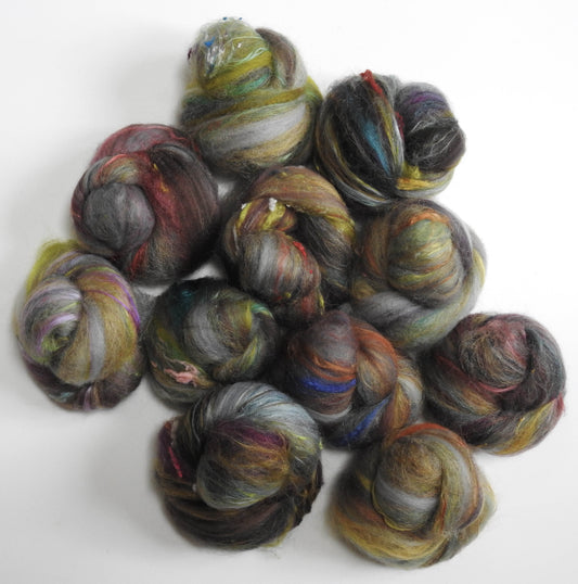 Mending Wall (4.2 oz) NON-Sparkle Sticklebatts -Jacob fleece, alpaca, merino, silk, silk noil