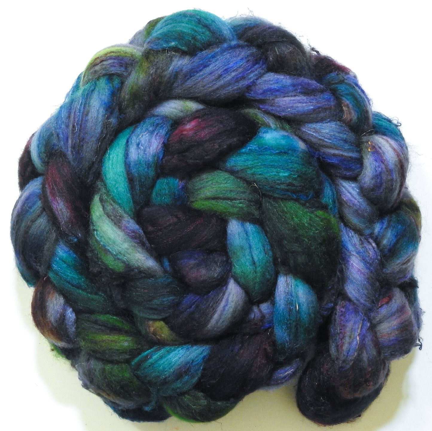 Watcher in the Water (5.7 oz) - Batt in a Braid #65 - Rambouillet/ Cormo / Sari  silk/ Tussah silk (40/25/25/10)