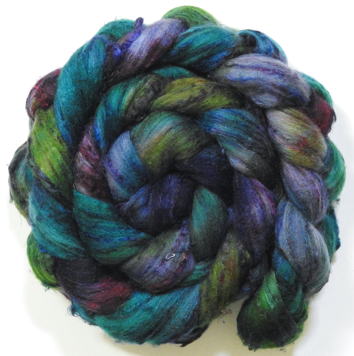 Watcher in the Water (5.7 oz) - Batt in a Braid #65 - Rambouillet/ Cormo / Sari  silk/ Tussah silk (40/25/25/10)