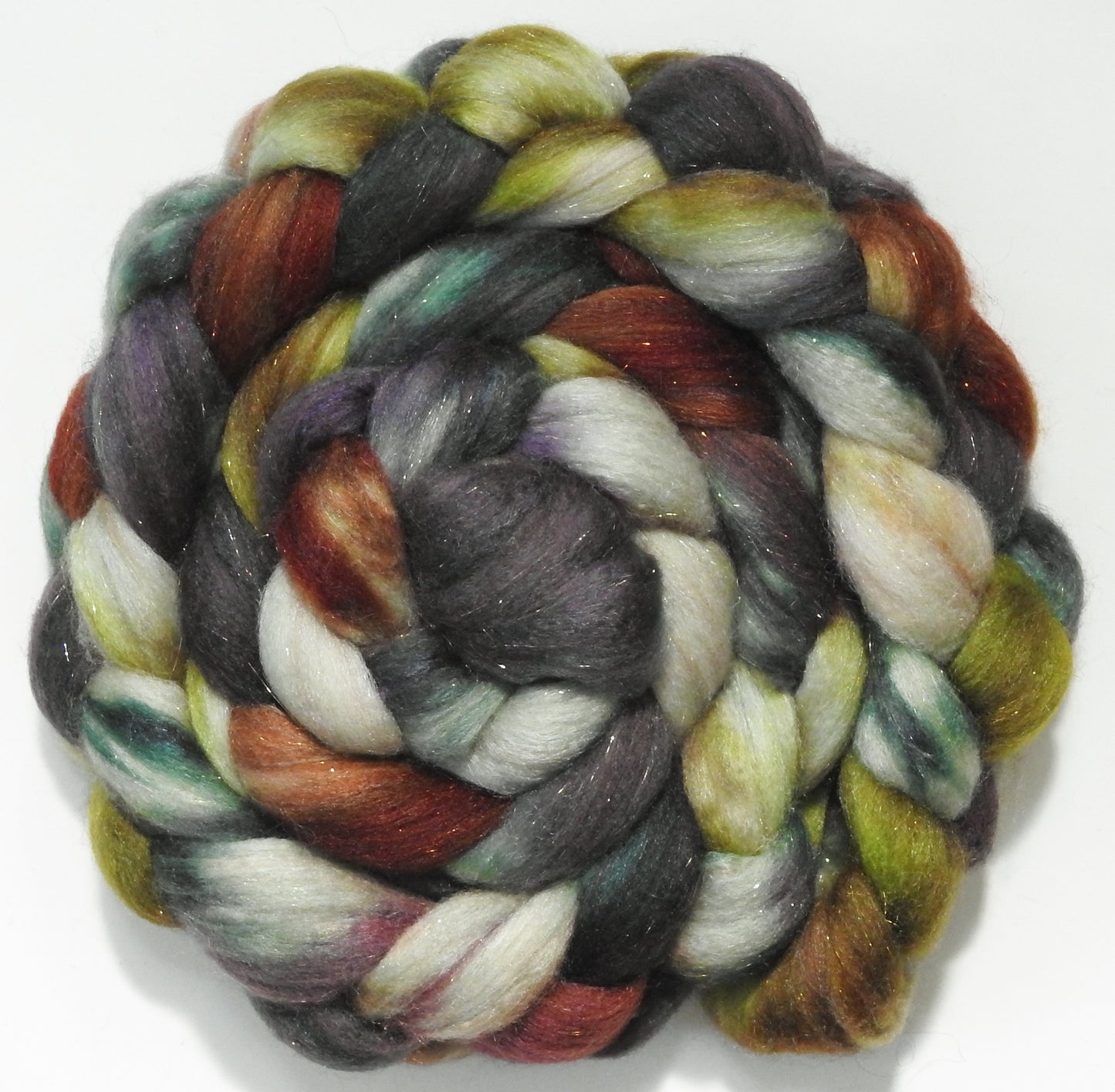 Istari (5.6 oz) - Batt in a Braid #67 - Polwarth/Baby Camel/Tussah Silk/ Gold Stellina (40/25/25/10)