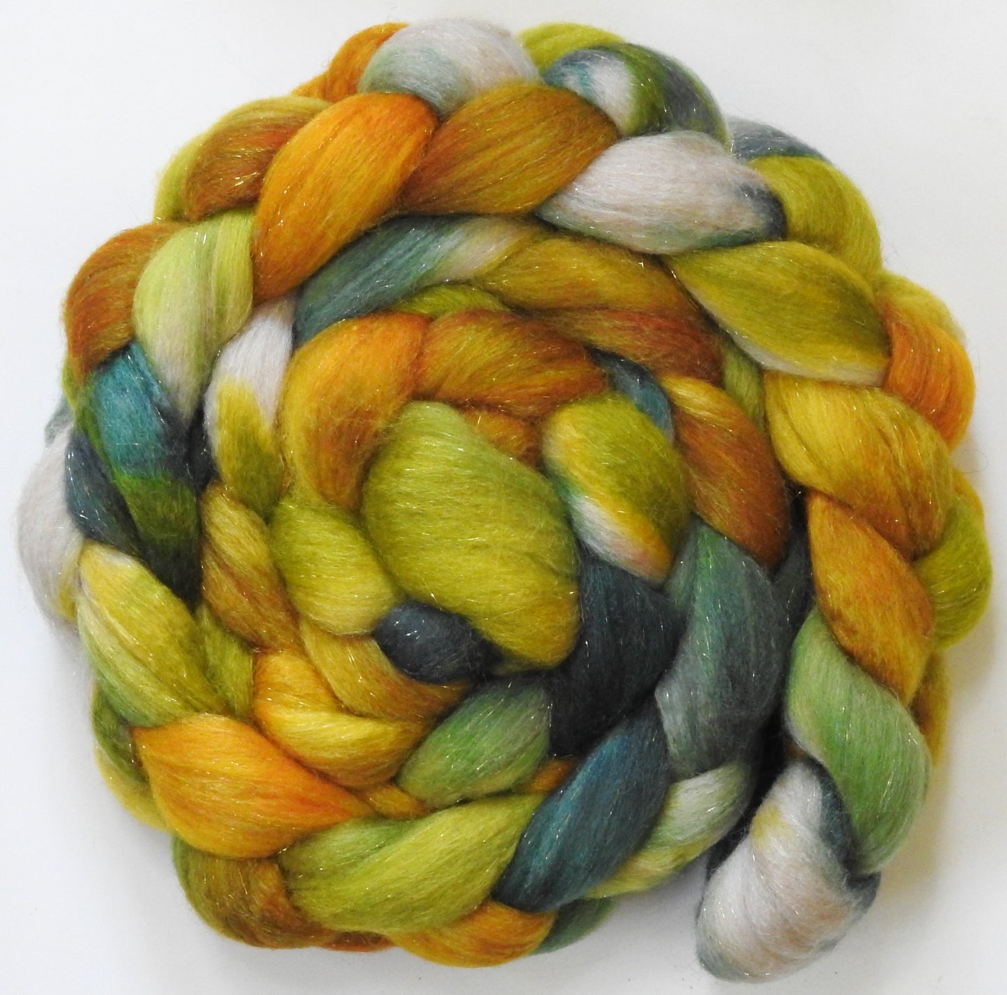 Goldberry (5.6 oz) - Batt in a Braid #67 - Polwarth/Baby Camel/Tussah Silk/ Gold Stellina (40/25/25/10)