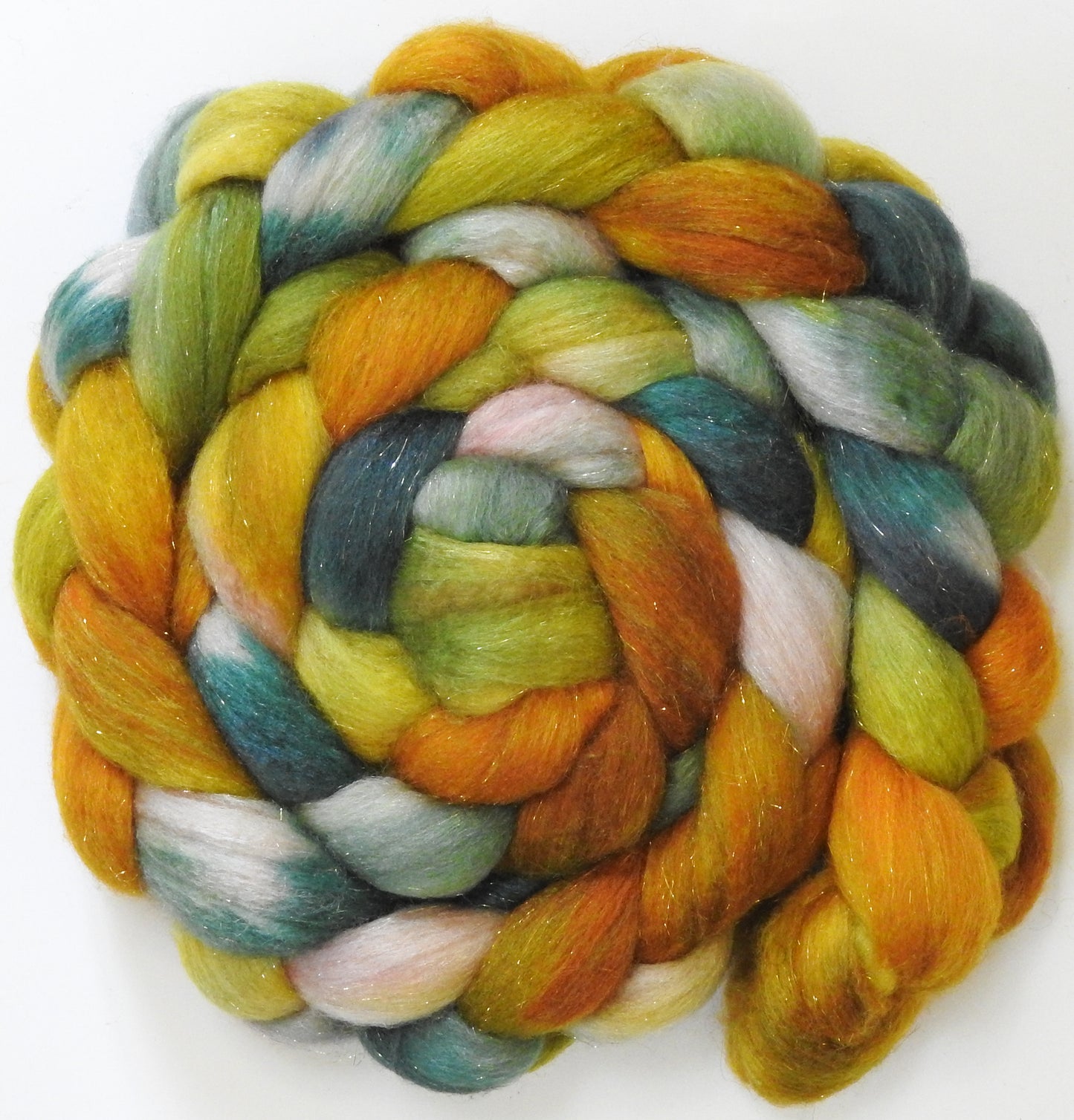 Goldberry (5.6 oz) - Batt in a Braid #67 - Polwarth/Baby Camel/Tussah Silk/ Gold Stellina (40/25/25/10)