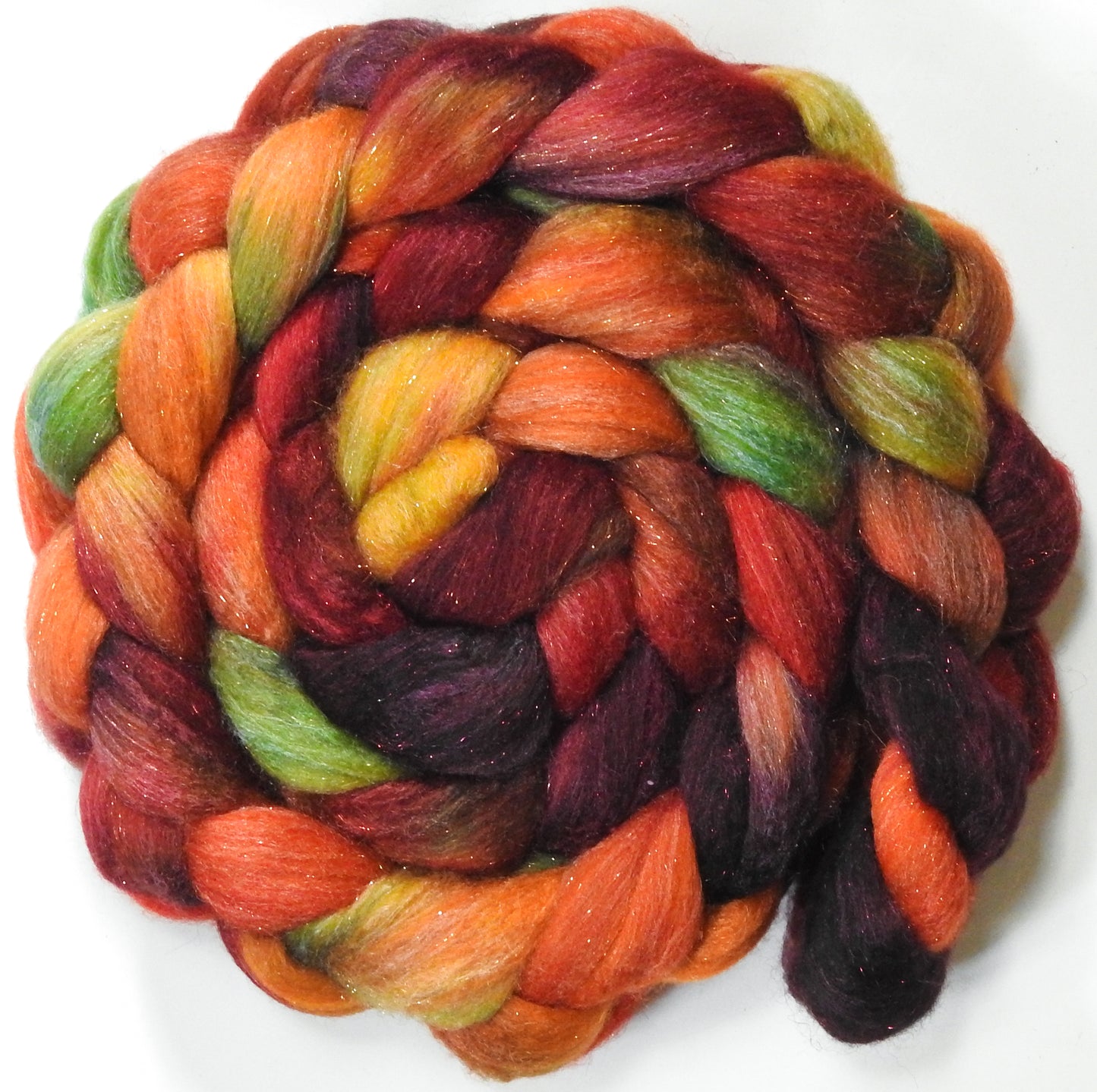 Dragon-Fire (5.7 oz) - Batt in a Braid #67 - Polwarth/Baby Camel/Tussah Silk/ Gold Stellina (40/25/25/10)
