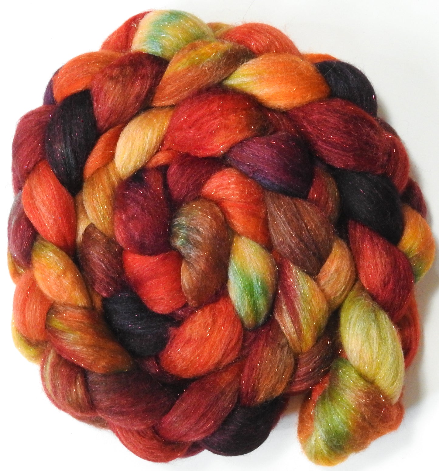 Dragon-Fire (5.7 oz) - Batt in a Braid #67 - Polwarth/Baby Camel/Tussah Silk/ Gold Stellina (40/25/25/10)