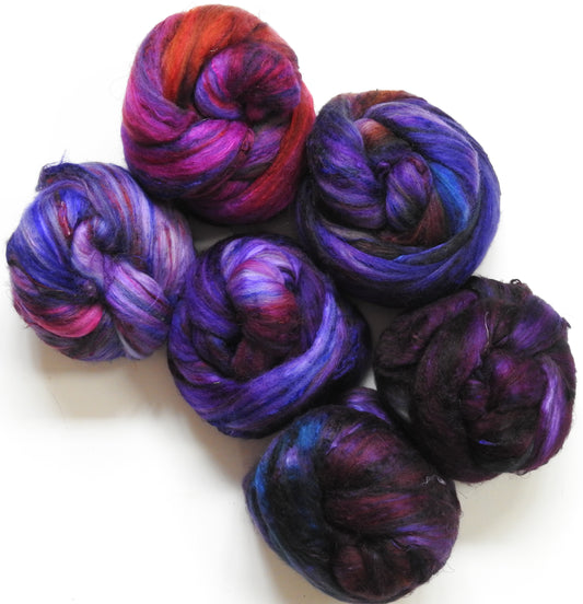 Crushed Pokeberries- Gradient Braid Set -(8.6 oz) - Batt in a Braid #39 - Merino/ Mulberry Silk / Sari Silk (50/25/25)