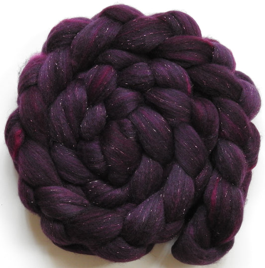 Dragonfruit (5.1 oz) - Batt in a Braid #59- Merino/ Baby Camel/ black Tussah Silk/ Gold Stellina(40/25/25/10)