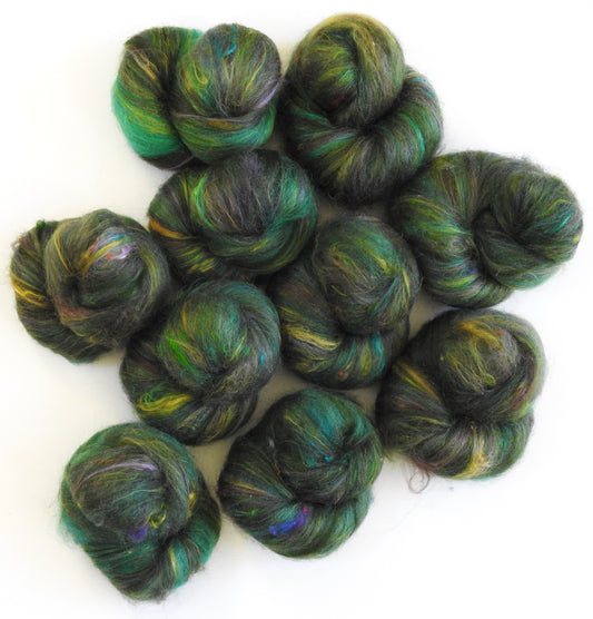 Evergreen - Sparkle Sticklebatts (3.7 oz) - Merino, Bfl, silk, silk noil, firestar, and various add-ins from previous batts!
