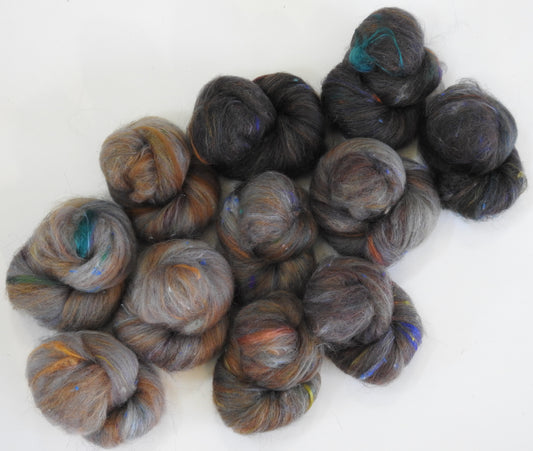 Wood Smoke- Sparkle Sticklebatts (3.8 oz) - Merino, Bfl, silk, hebridean , silk noil, angelina, and various add-ins from previous batts!