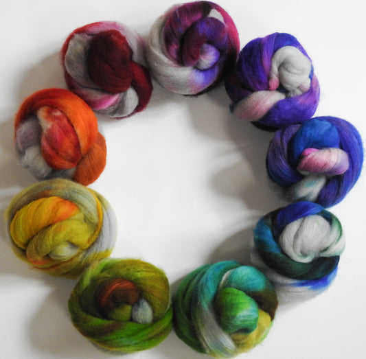 Roy G Biv (with a side of Clouds) -Gradient Set-(12.9 oz) Batt in a Braid #60- Southdown/ Bfl/ Bio-nylon (50/25/25)
