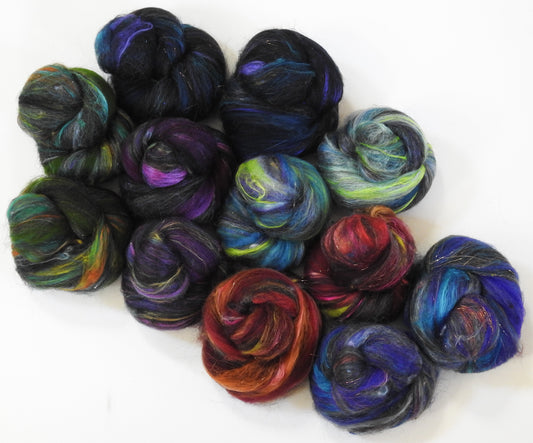 Intergalactic Travels- Sparkle Sticklebatts (4.2 oz) - Merino, Black Welsh wool, silk, Mohair, Alpaca, silk noil, angelina, and various add-ins from previous batts!