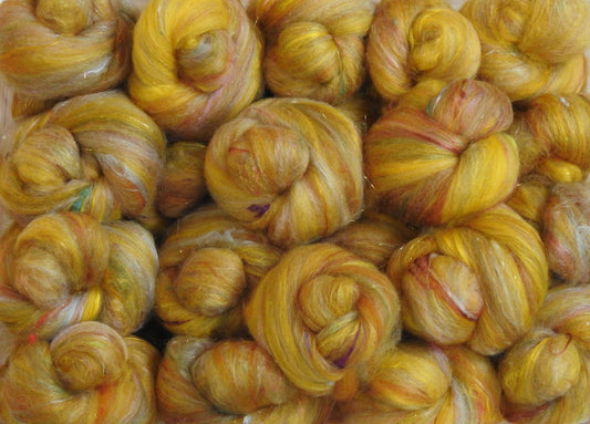 Polenta (3.8 oz)-Sparkle Sticklebatts -30% Corriedale fleece; polwarth, merino, silk, bamboo, silk noil, angelina