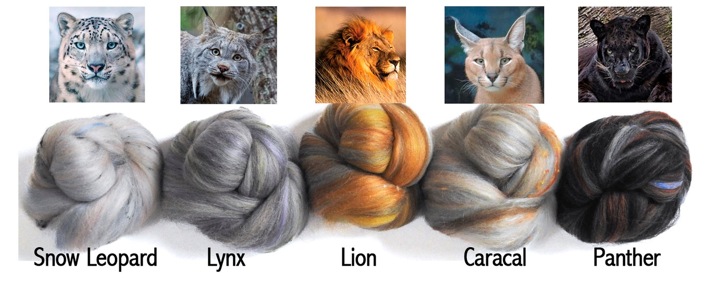 Big Cat Blend Sampler - Custom Blended Top- Merino/ Shetland/ Tussah Silk/ Baby Camel /Tweed Blend (25/25/25/15/10)