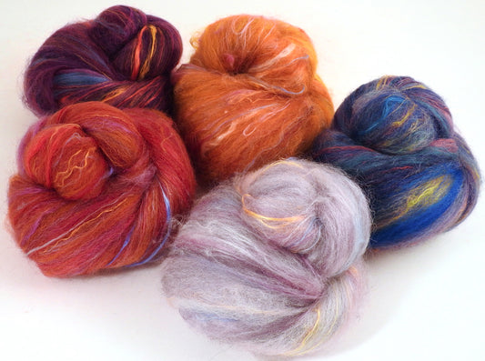 Bergen, Norway- 4.2 oz- 30% Targhee/Cormo/DorsetX fleece, 35% Dorset Horn Top, Cheviot Roving, 15% Kid Mohair top, 20% silk, bamboo