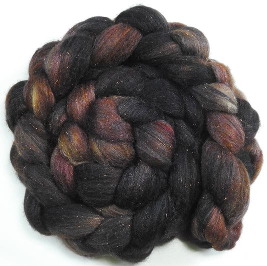 Dark Chocolate -(5.4 oz) Batt in a Braid #53- YAK/ Tussah silk/ Superfine Merino/Gold Stellina(30/30/30/10)