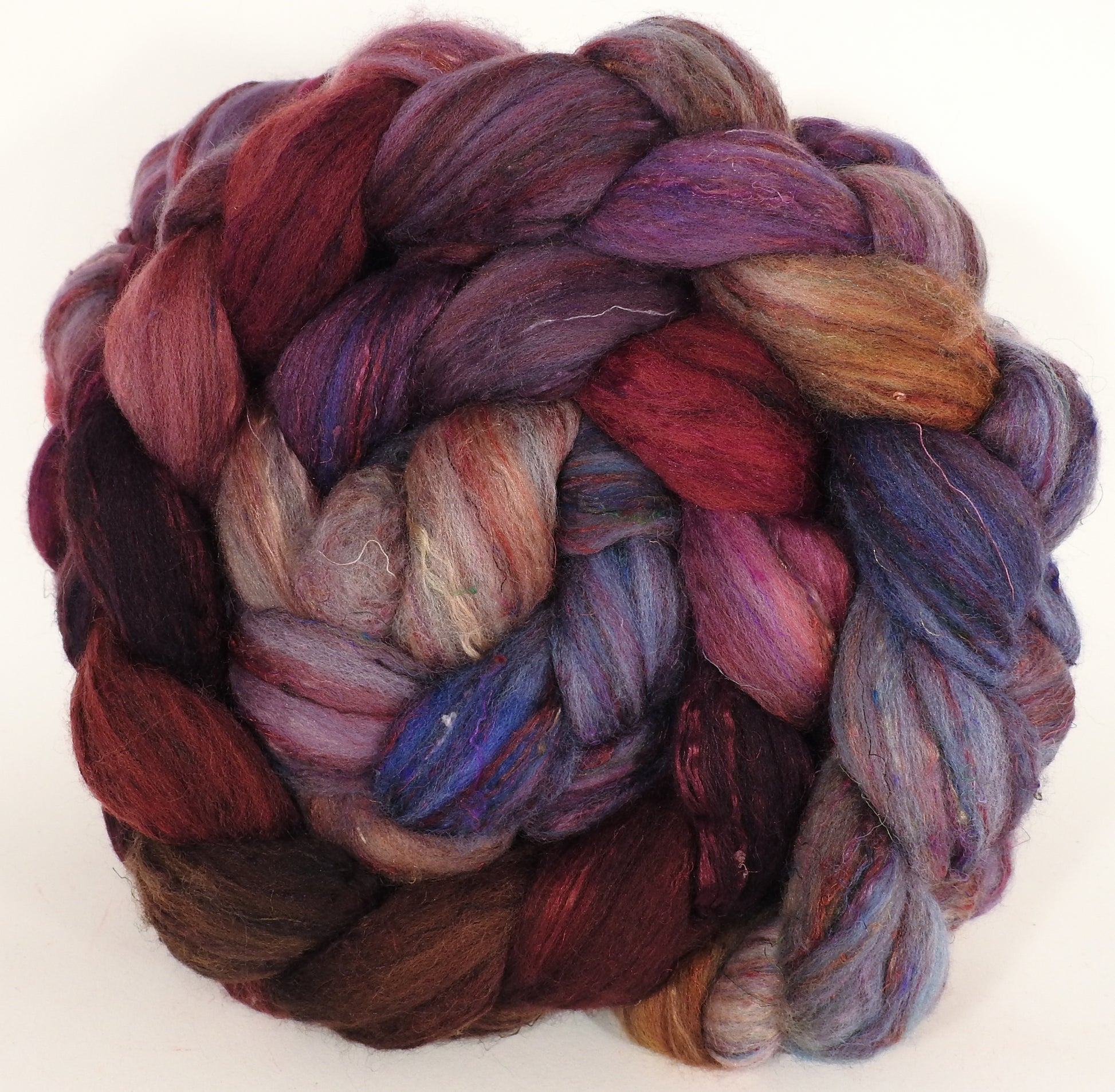 Batt in a Braid #39- Provence - Falkland Merino/ Mulberry Silk / Sari Silk (50/25/25) - Inglenook Fibers